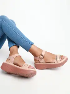 Marc Loire Women Nude-Coloured Solid Platform Sandals with Laser Cuts