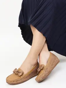 Marc Loire Women Beige Embellished Wedge Loafers With Bows
