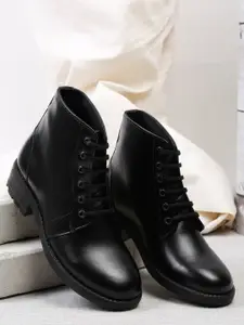 Teakwood Leathers Women Black Solid Leather Mid-Top Flat Boots