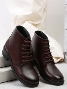 Teakwood Leathers Women Burgundy Solid Leather Mid-Top Flat Boots