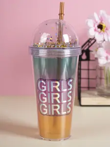 MARKET99 Pink & Green Printed Plastic Tumbler With Straw & Lid 380 ml