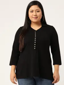 theRebelinme Women Plus Size Black V-Neck Solid T-shirt