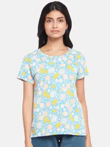 Dreamz by Pantaloons Women Blue & Yellow Printed Pure Cotton Lounge T-shirt