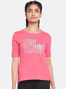 Ajile by Pantaloons Women Pink Typography Printed Cotton T-shirt