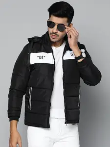 Fort Collins Men Black & White Striped Padded Jacket With Detachable Hood