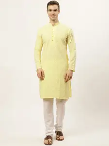 Jompers Men Yellow Embroidered Chikankari Pure Cotton Kurta with Pyjamas