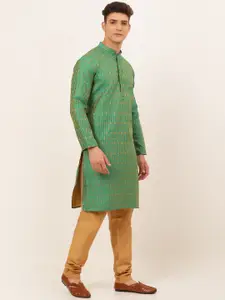 Jompers Men Green Embroidered Thread Work Silk Kurta with Cotton Pyjamas