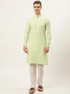Jompers Men Green Floral Chikankari Pure Cotton Kurta with Pyjamas