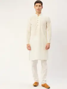 Jompers Men Cream-Coloured Chikankari Pure Cotton Kurta with Pyjamas
