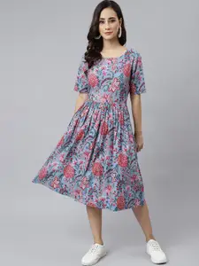 Janasya Women Blue & Pink Floral Printed Cotton Flared Midi Dress