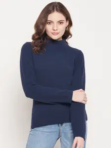 98 Degree North Women Navy Blue Solid Turtle Neck Pullover Sweater