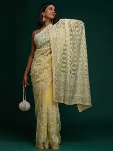 Koskii Yellow & Off White Floral Embroidered Supernet Saree
