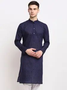 Jompers Men Navy Blue Thread Work Cotton Kurta