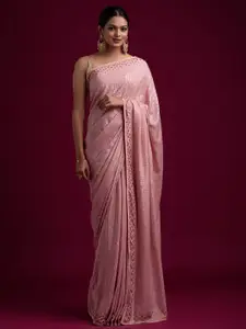 Koskii Pink & Silver-Toned Embellished Beads and Stones Saree