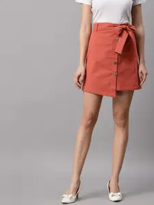 NEUDIS Rust Solid Cotton  Tie-Up Mini Skirt