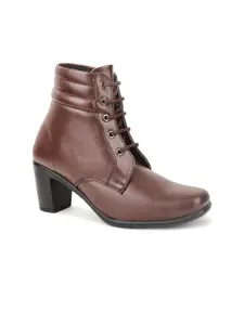 VALIOSAA Women Brown Solid Leather Ankle Boots