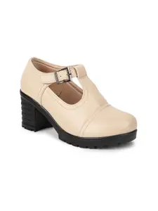 VALIOSAA Cream-Coloured Work Block Mary Janes with Buckles