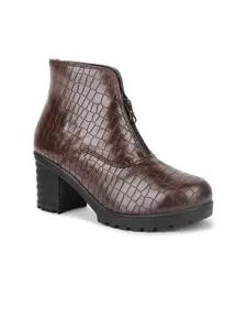 VALIOSAA Women Brown Textured Leather Ankle Boots