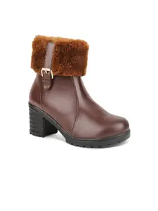 VALIOSAA Women Brown Solid Heeled Winter Boots