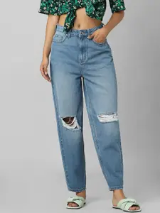 ONLY Women Blue Relaxed Fit High-Rise Highly Distressed Light Fade Jeans