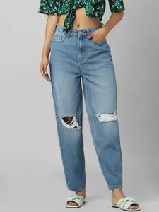 ONLY Women Blue Relaxed Fit High-Rise Highly Distressed Light Fade Jeans