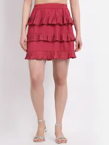 La Zoire Women Pink Solid Pleated Panel Tiered Mini Skirt