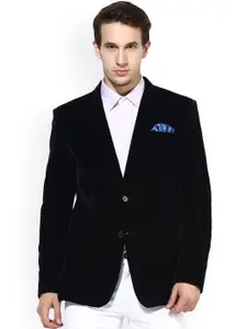 Hangup Men Navy Blue Solid Single Breasted Party Blazer