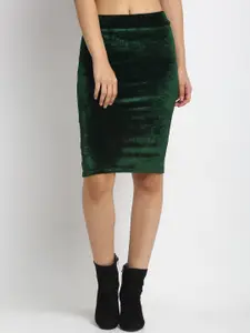 NEUDIS Women Green Velvet Solid Pencil Mini Skirt