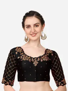 PUJIA MILLS Women Black & Gold-Coloured Embroidered Silk Saree Blouse