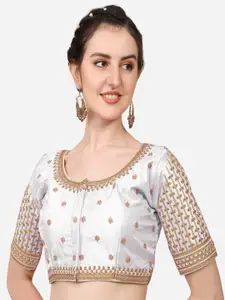 PUJIA MILLS White Embroidered  Silk Round Neck Saree Blouse
