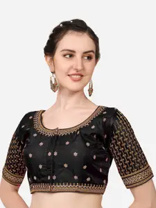 PUJIA MILLS Black Embroidered Silk Saree Blouse