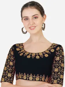 PUJIA MILLS Black  Embroidered Silk Saree Blouse