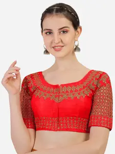 PUJIA MILLS Women Red & Gold-Coloured Embroidered Saree Blouse