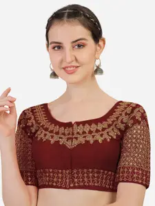 PUJIA MILLS Women  Maroon Embroidered Silk Saree Blouse
