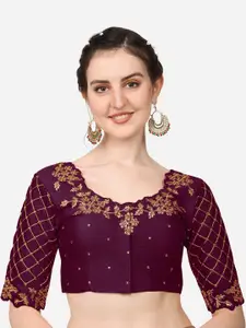 PUJIA MILLS Violet Embroidered Silk Readymade Saree Blouse