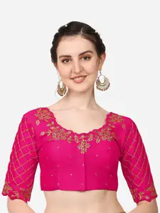 PUJIA MILLS Women Pink Embroidered Silk Saree Blouse