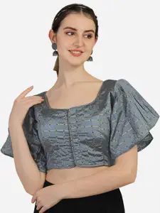 PUJIA MILLS Women Grey & Gold-Coloured Woven Design Saree Blouse
