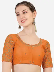 PUJIA MILLS Women Orange Embroidered Padded Saree Blouse
