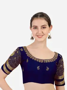 PUJIA MILLS Navy Blue & Golden Embroidered Saree Blouse