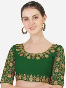 PUJIA MILLS Women Green Embroidered Readymade Silk Saree Blouse