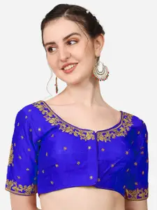PUJIA MILLS Blue  Embroidered Silk Saree Blouse