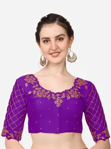 PUJIA MILLS Purple Embroidered Padded Saree Blouse