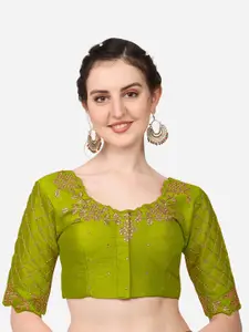 PUJIA MILLS Green Embroidered & Stone Work Saree Blouse