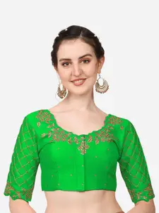 PUJIA MILLS Women Green Embroidered & Stone Work Saree Blouse