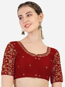PUJIA MILLS Maroon Embroidered Silk Saree Blouse