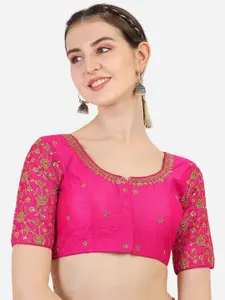 PUJIA MILLS Pink & Gold-Coloured Embroidered Saree Blouse