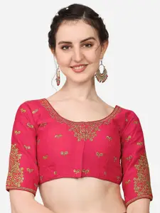 PUJIA MILLS Red Embroidered & Stone Work Silk Saree Blouse