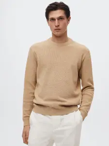 MANGO MAN Beige Self Design Micro Check Structure Pullover