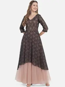 Just Wow Women Black Floral Layered Net Maxi Dress
