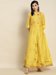 Juniper Mustard Yellow Embroidered Chanderi Silk Layered Maxi Ethnic Dress